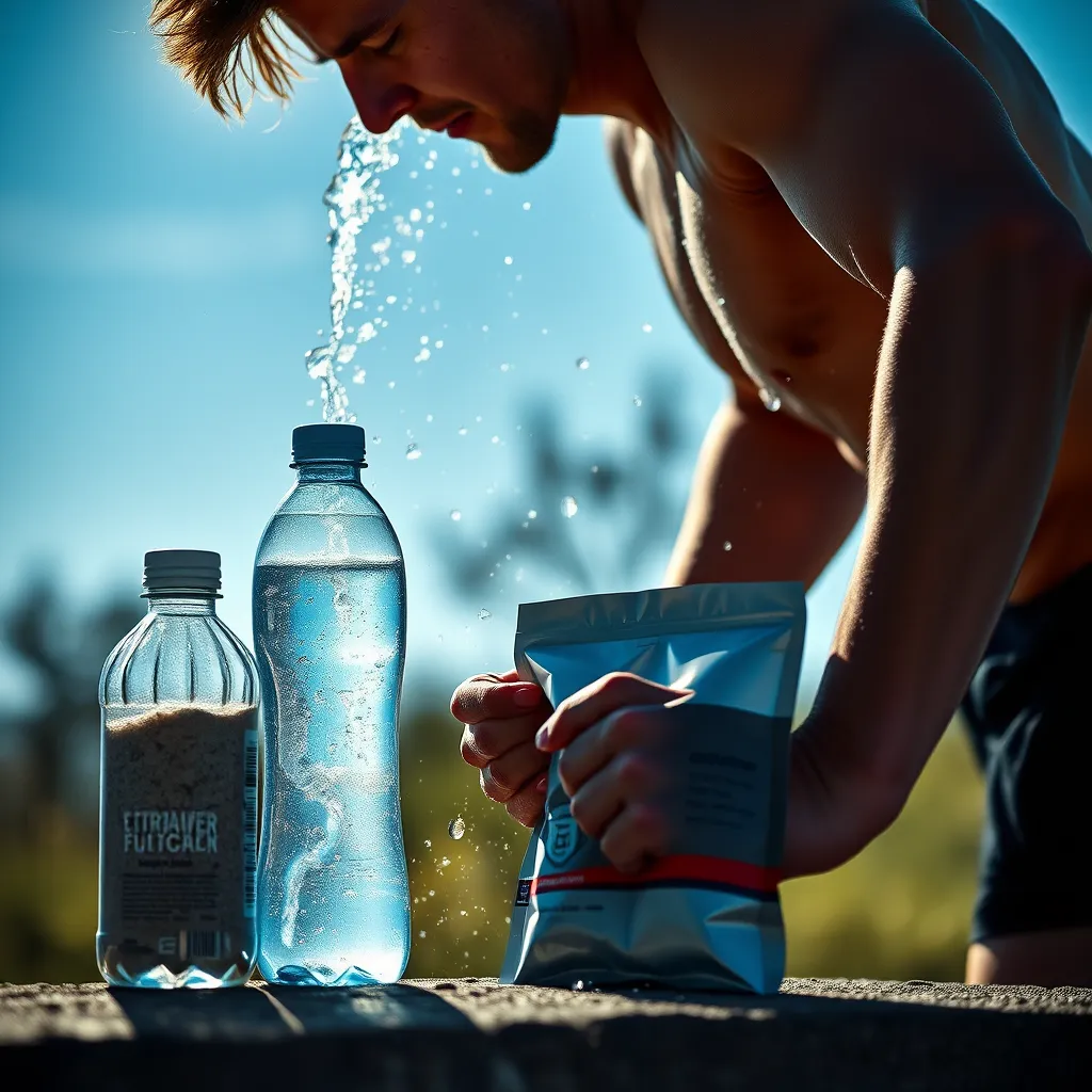 A visually appealing and informative image showing a person exercising outdoors, sweating profusely, with a bottle of water and a pouch of electrolyte powder beside them. The image should emphasize the importance of electrolytes for hydration and performance on a carnivore diet.