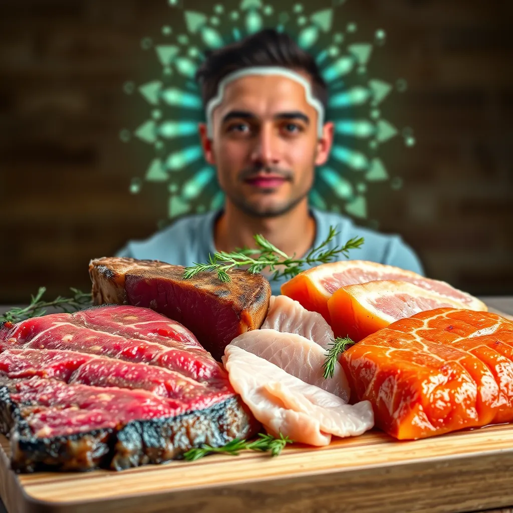 A visually appealing arrangement of various cuts of meat, including steak, chicken breast, and salmon, presented on a wooden cutting board. The background features a person with a clear, focused expression and a bright, energetic aura, symbolizing enhanced brain function.