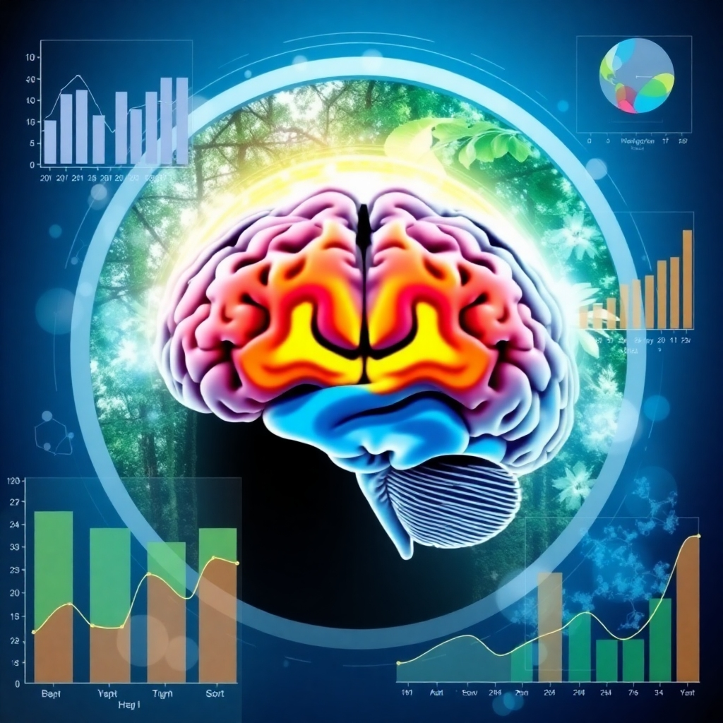 A visually appealing image combining scientific data representations (graphs, charts) with calming visual elements like nature scenes and relaxing colors. The goal is to convey the message that affirmations are supported by real scientific evidence. Overlay a brain scan image, highlighting areas activated by positive affirmations. The color palette should be professional and trustworthy (blues, greens, grays), with pops of vibrant colors to represent positivity. Aim for a clean, modern design that inspires confidence in the science behind affirmations.