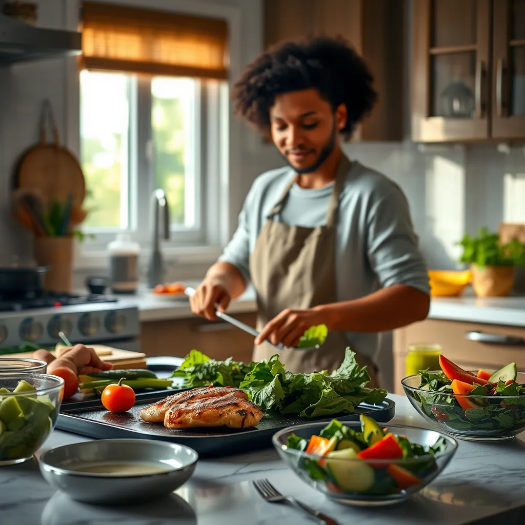 A visually appealing image of a person preparing a simple and delicious high-protein meal in their kitchen. Focus on the ingredients and the steps involved in preparing the meal, showcasing easy and accessible options like grilling chicken, chopping vegetables, and assembling a salad.
