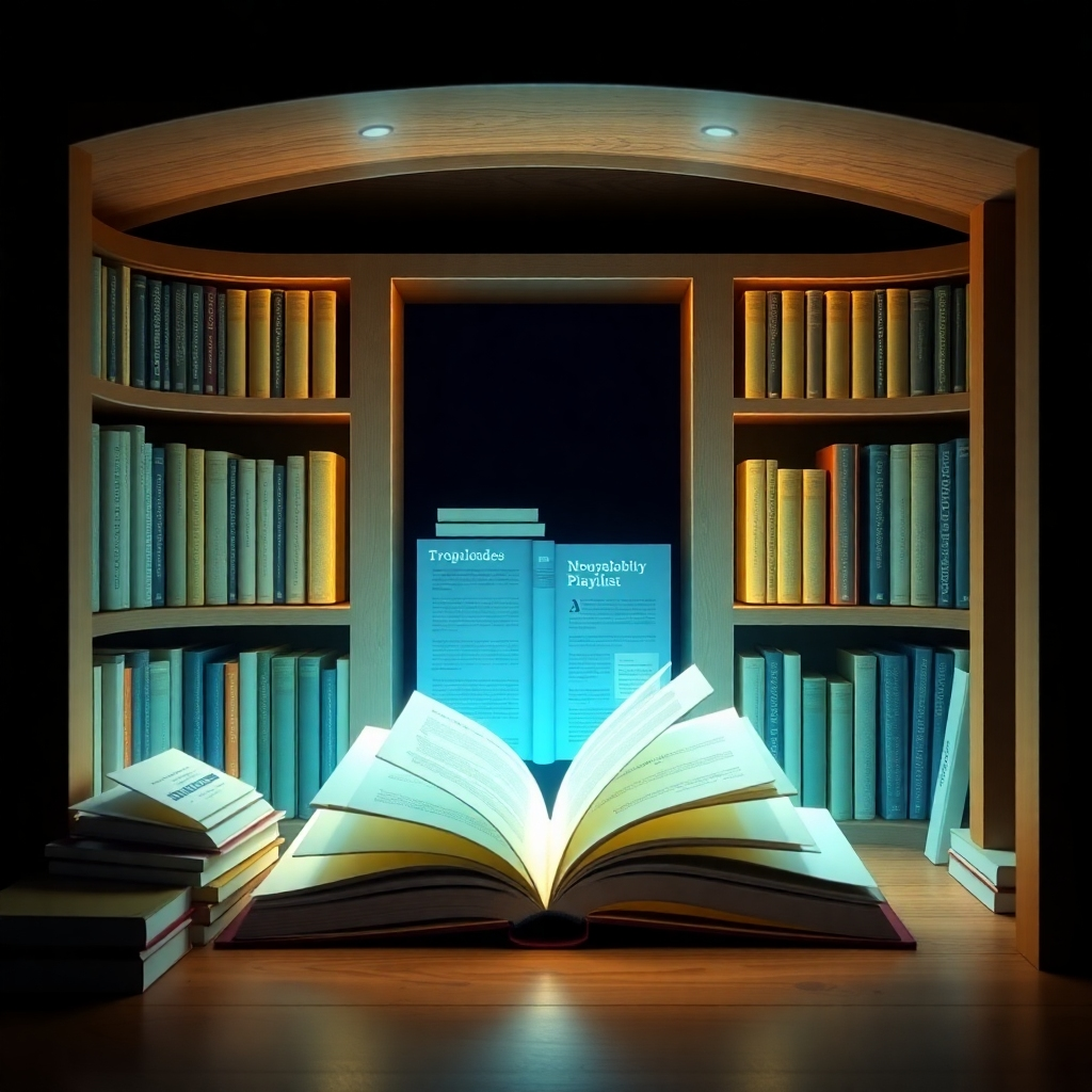 A visually appealing image of an open digital library filled with glowing books, audio files, and downloadable guides. The books represent the affirmations scripts and neuroplasticity guides while the audio files represent frequency playlists. The lighting should be soft and inviting, enticing viewers to explore the available resources. Use a color palette that inspires curiosity and knowledge (blues, greens, golds). The overall image should convey the message that Afrekete Business Opportunity offers a wealth of free resources to support remote workers on their journey to peak performance.