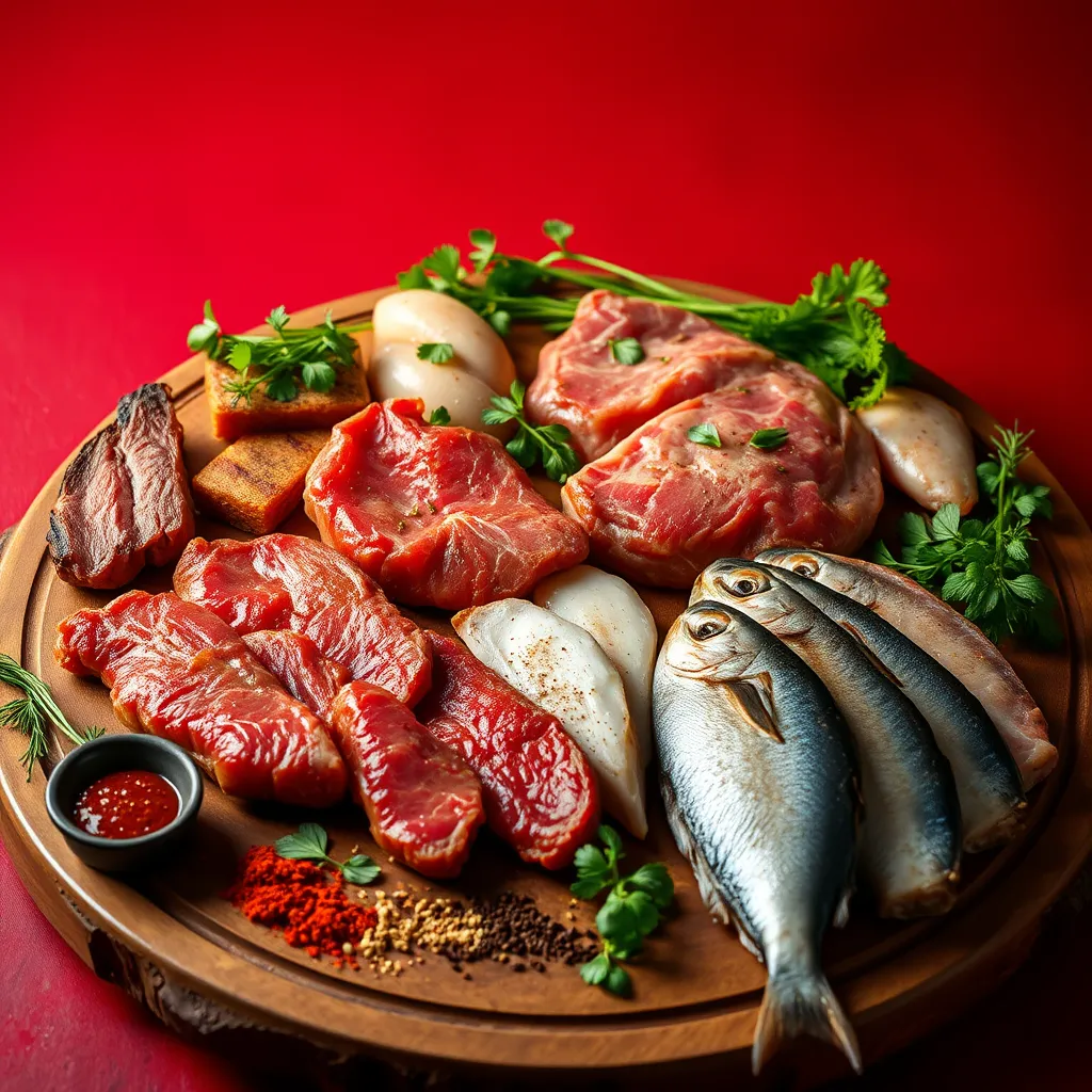 A visually appealing spread of various cuts of meat, including steaks, chicken breasts, and fish, presented on a rustic wooden cutting board alongside fresh herbs and spices, with a vibrant red background suggesting the richness of the diet