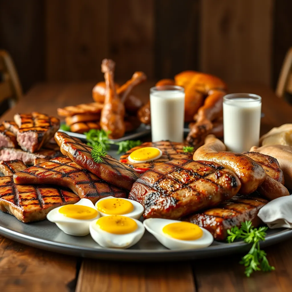 A visually appealing table setting featuring a variety of grilled meats, roasted poultry, poached eggs, and a glass of milk, showcasing the key components of the carnivore diet. The background should be a rustic wooden table with warm lighting, emphasizing the natural and unprocessed nature of the meal.