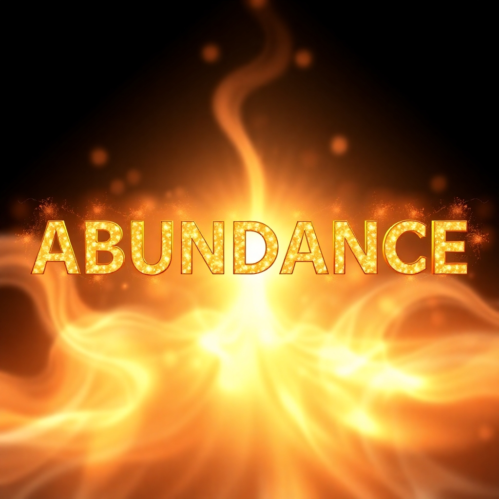 A visually captivating image showcasing the word "ABUNDANCE" written in shimmering gold letters against a background of flowing energy currents. The energy currents represent positive affirmations manifesting into reality. Use warm, inviting colors to evoke a sense of prosperity.