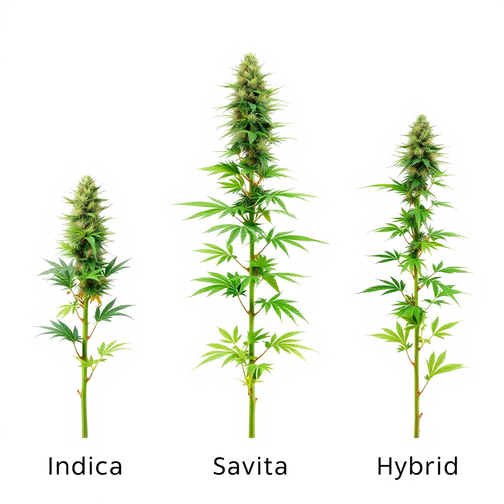 A visually comparative image showcasing three cannabis plants side-by-side, each representing indica, sativa, and hybrid varieties. The indica plant should be short and bushy, the sativa plant tall and slender, and the hybrid plant a balanced mix of both. Each plant should be labeled clearly. The background should be a neutral color, emphasizing the differences between the plants. The lighting should be even and consistent, highlighting the unique characteristics of each variety. The camera angle should be a medium shot, capturing the overall form and structure of each plant. The overall style should be informative and educational.