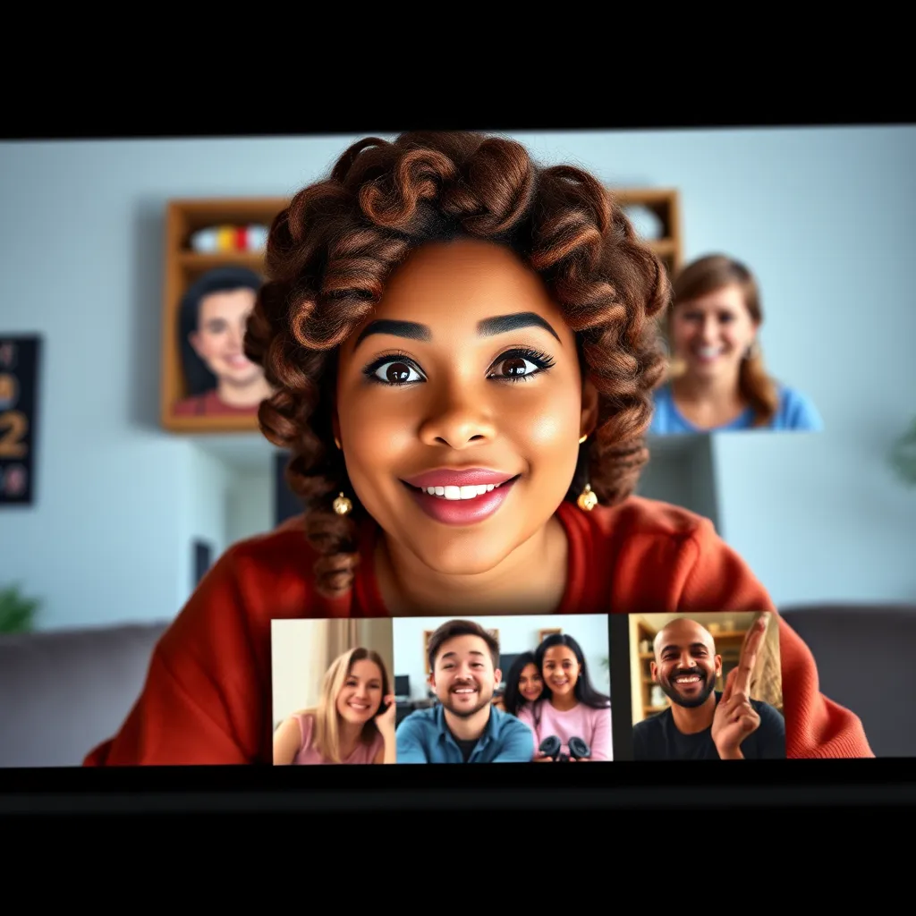 A visually compelling image depicting DoughDash interacting with her audience on YouTube. She is shown in a video call with a group of enthusiastic viewers, all sharing their experiences and perspectives on the carnivore diet. The scene emphasizes the vibrant and engaging nature of DoughDash's online community.