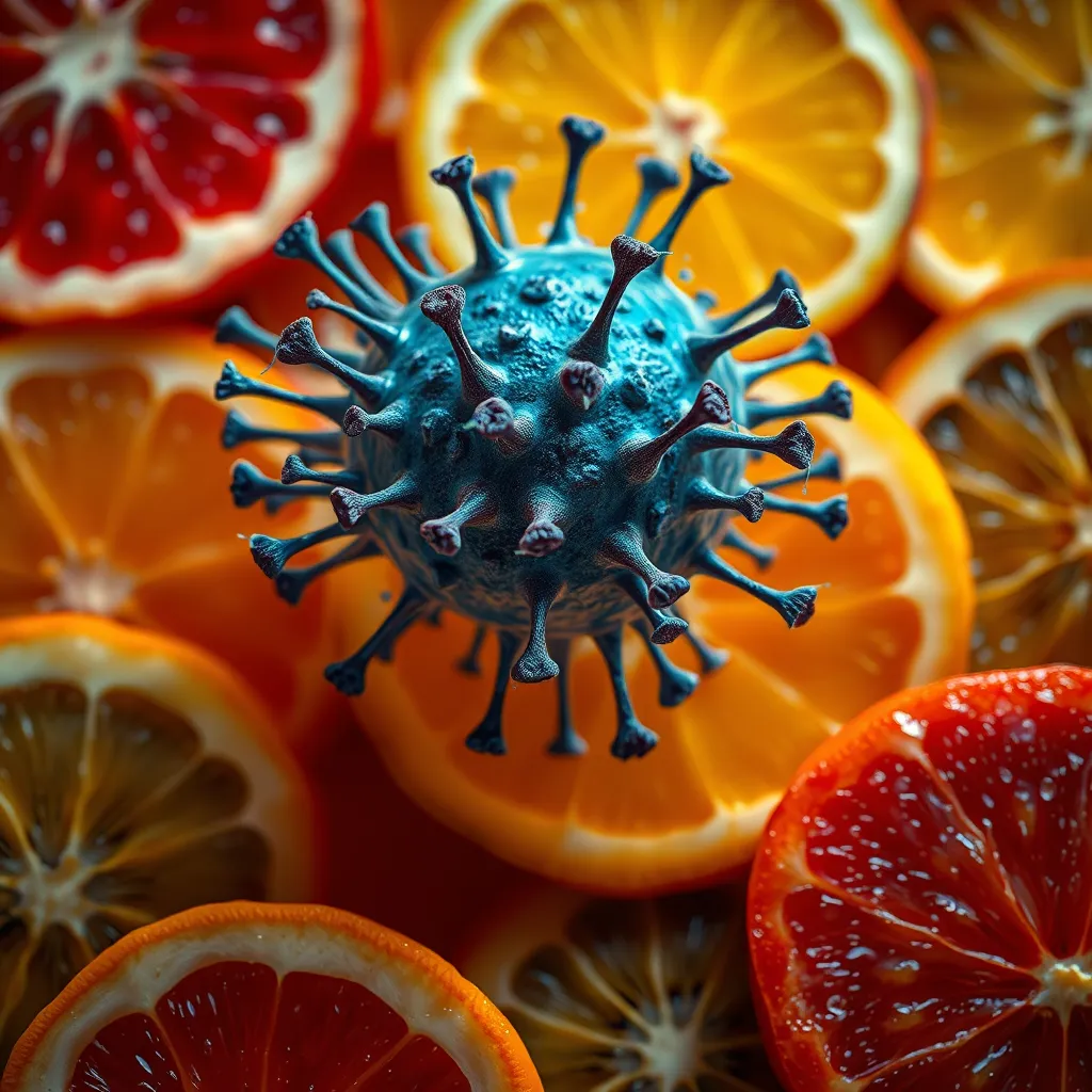 A visually striking and impactful image that shows a cluster of cancer cells growing on a background of vibrant fruit slices. The cells should have an unnatural, almost monstrous appearance, while the fruits should be bright and appetizing, creating a stark contrast.