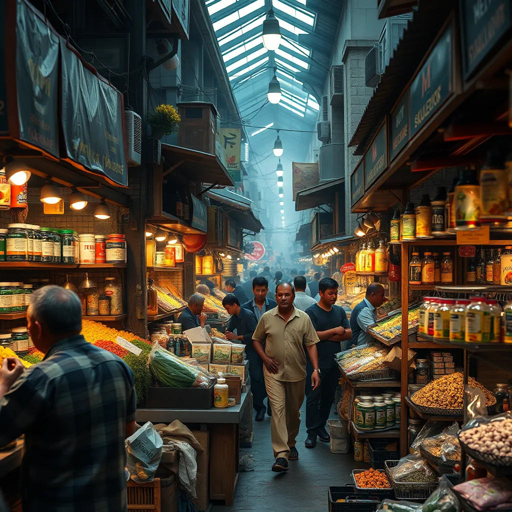 A visually striking image of a crowded marketplace where various vendors are selling herbal supplements and products. The image should convey a sense of chaos and confusion, highlighting the need for discerning consumers to navigate the market carefully.