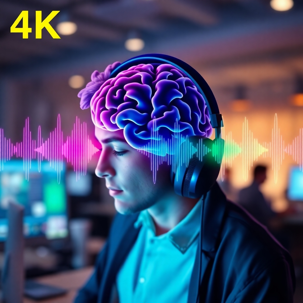 A visually stunning 4K image showcasing sound waves emanating from a pair of headphones, morphing into intricate brain wave patterns. The color palette should be vibrant and energetic, with hues of blues, purples, and greens representing different states of consciousness. In the background, a blurred representation of a busy remote worker symbolizes the need for focus amidst distractions. The image should convey the power of specific audio frequencies to enhance mental clarity and productivity. Incorporate abstract elements to represent the therapeutic effects of these frequencies on the brain. This is a stylized artistic impression.