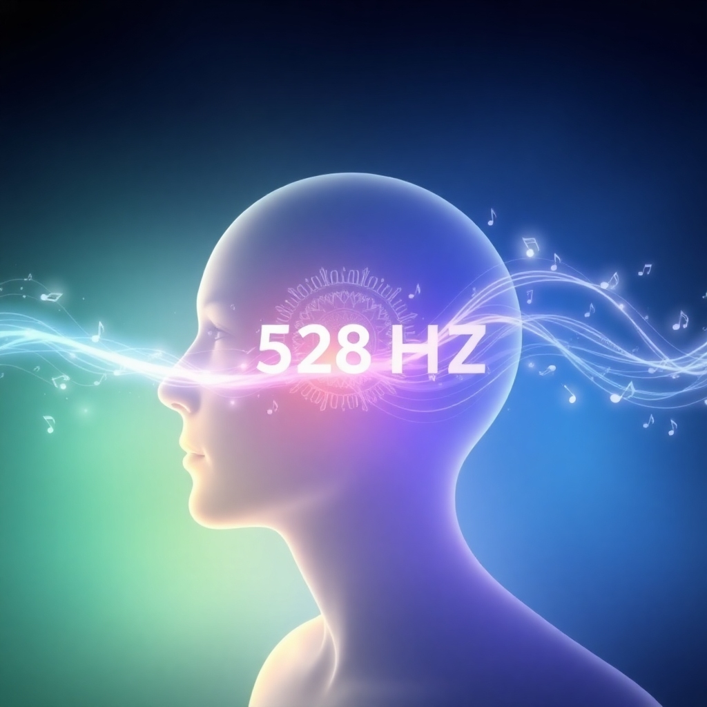 A visually stunning image representing the 528Hz frequency as a beautiful, harmonious wave of light and sound. The wave is depicted as flowing through a person's mind, clearing away distractions and promoting mental clarity. Subtle visual cues, like musical notes or mandalas, are incorporated to enhance the sense of harmony and balance. The lighting should be soft and ethereal, with a focus on creating a sense of calm and serenity. The color palette should be soothing and restorative, using a mix of blues, greens, and purples to evoke feelings of peace and tranquility.