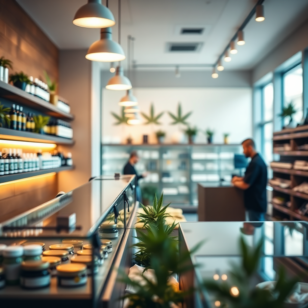 A warm and inviting interior shot of a modern cannabis dispensary in Norfolk, VA. Focus on showcasing the quality of the products and the expertise of the staff. The lighting should be soft and inviting, creating a welcoming atmosphere. Use a shallow depth of field to focus on the products and the staff, blurring the background slightly. The style should be clean and professional, reflecting the dispensary's commitment to quality and customer service. Render in high resolution with realistic detail, emphasizing textures and colors.