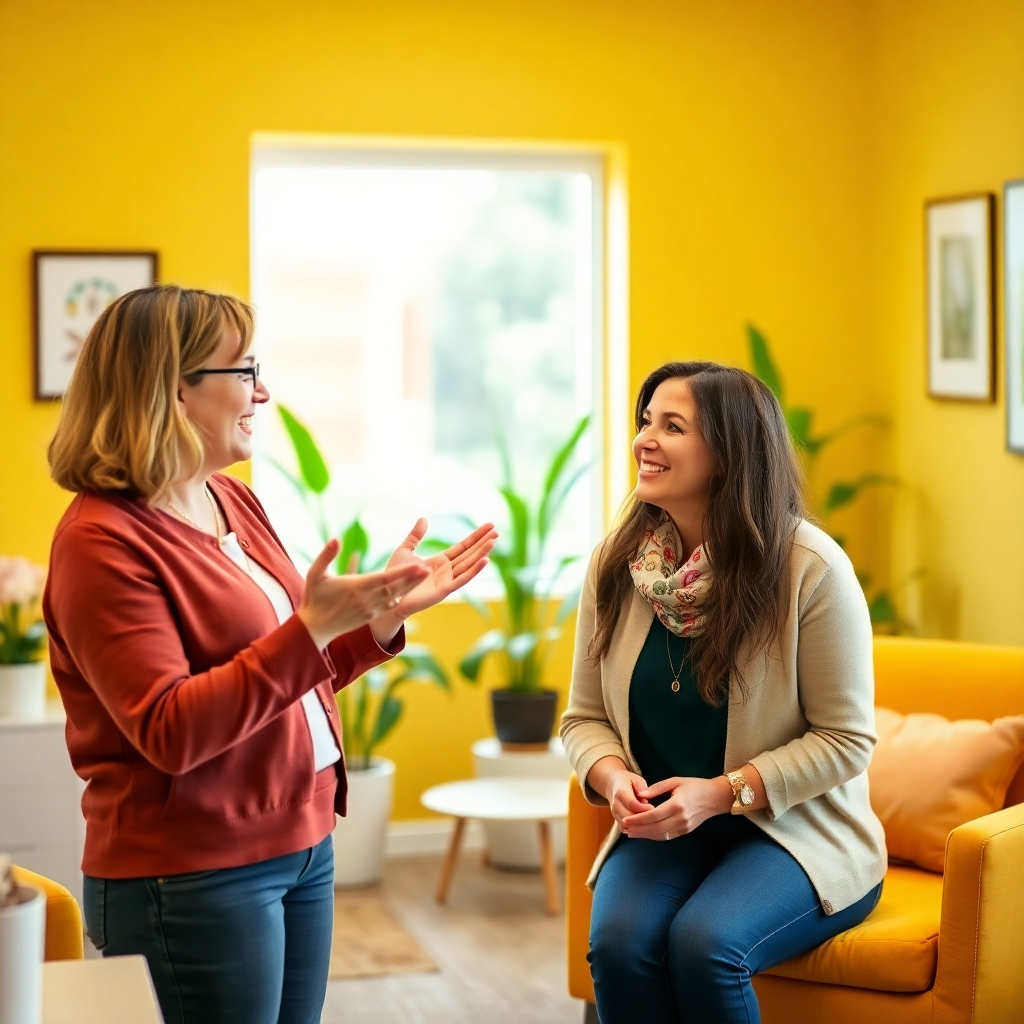 A warm and inviting office space where a coach and client are engaged in a positive and encouraging conversation. The coach is gesturing warmly, and the client is smiling with newfound hope. The environment is supportive and uplifting. Colors are bright and cheerful, primarily yellows and greens. Style: natural and authentic. Technical Specs: Sharp focus, natural lighting.