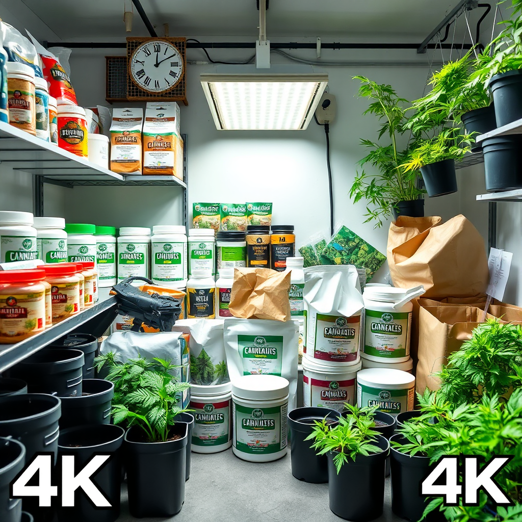 A well-organized display of various cannabis growing supplies, including nutrients, lighting, and pots. Focus on product variety and quality. 4k resolution, product photography style.