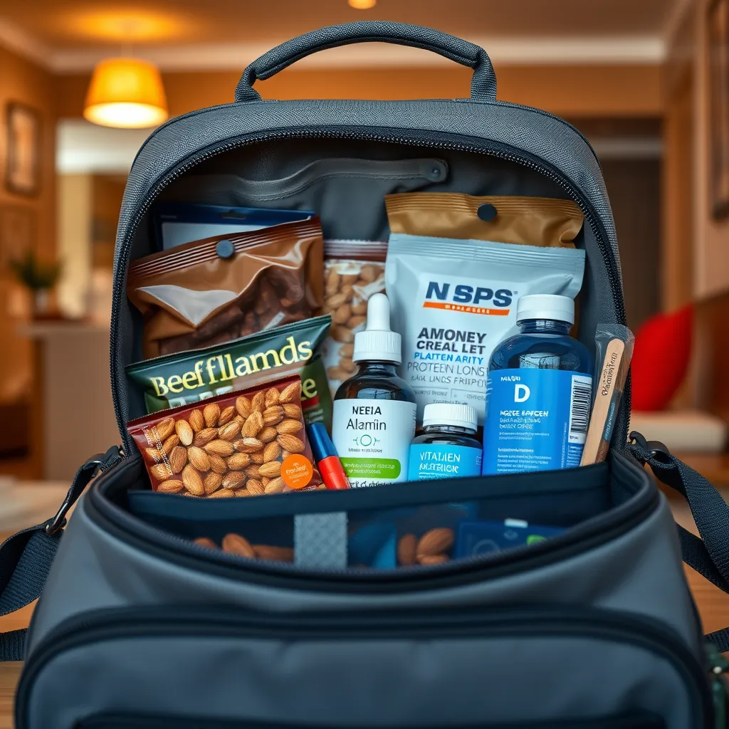 A well-organized travel bag filled with various carnivore-friendly snacks and supplements. The bag should be opened, revealing items like beef jerky, almonds, protein bars, vitamin D drops, and a bottle of collagen peptides. The background should be a warm, inviting kitchen or hotel room.