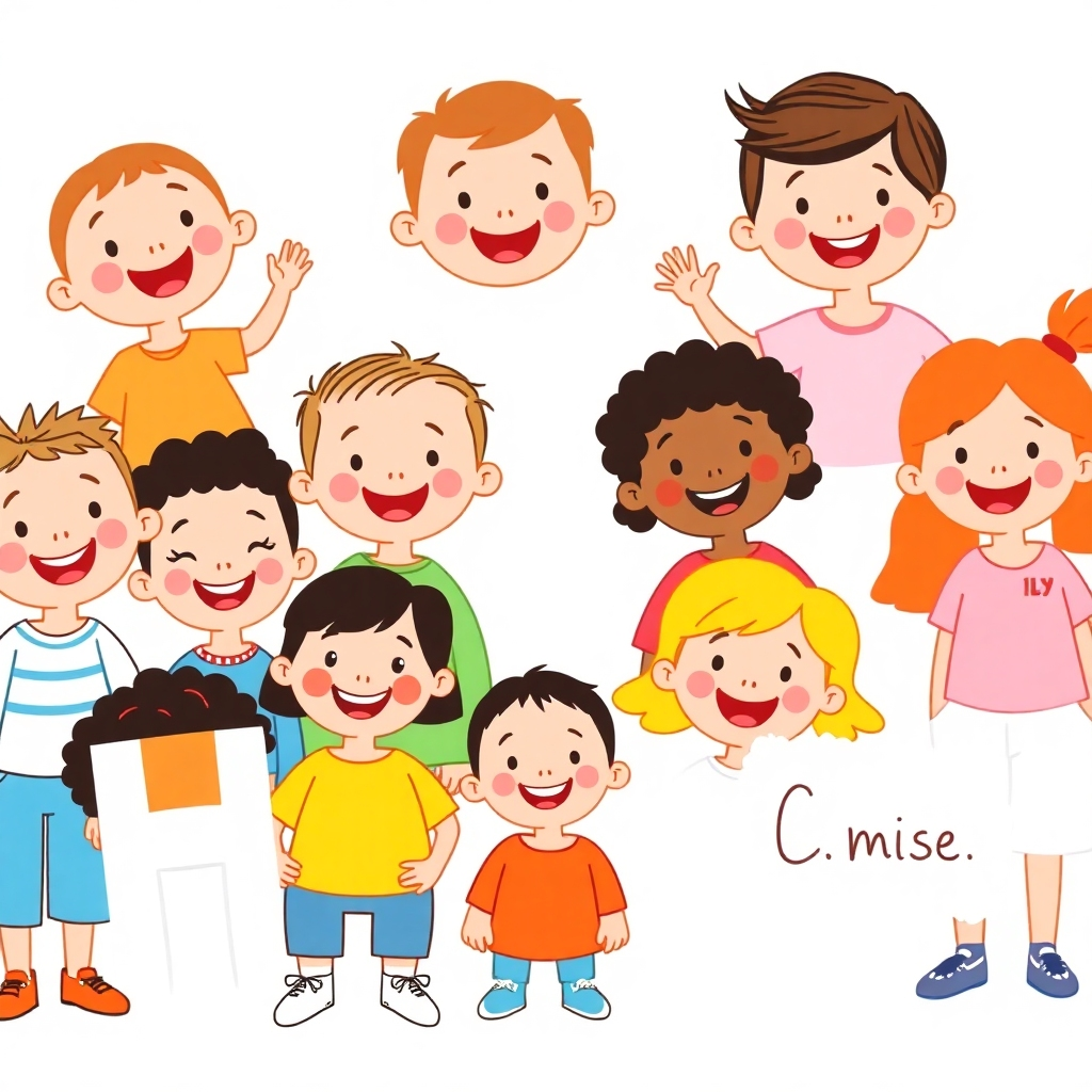 A whimsical illustration of diverse children smiling and engaging with positive messages written in simple, large lettering.  The style should be bright, fun, and child-like. Resolution: 4K. Style: Whimsical illustration. Color palette: Bright and primary colors.