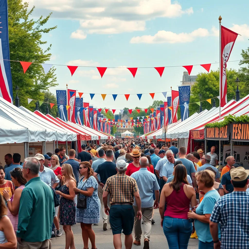 A wide-angle shot of the Virginia Wine Festival, capturing the lively atmosphere. The scene should include people enjoying wine tastings, browsing vendor booths, listening to live music, and socializing with friends. There should be a focus on the vibrant colors of the festival, with flags, banners, and decorations adding to the festive mood.