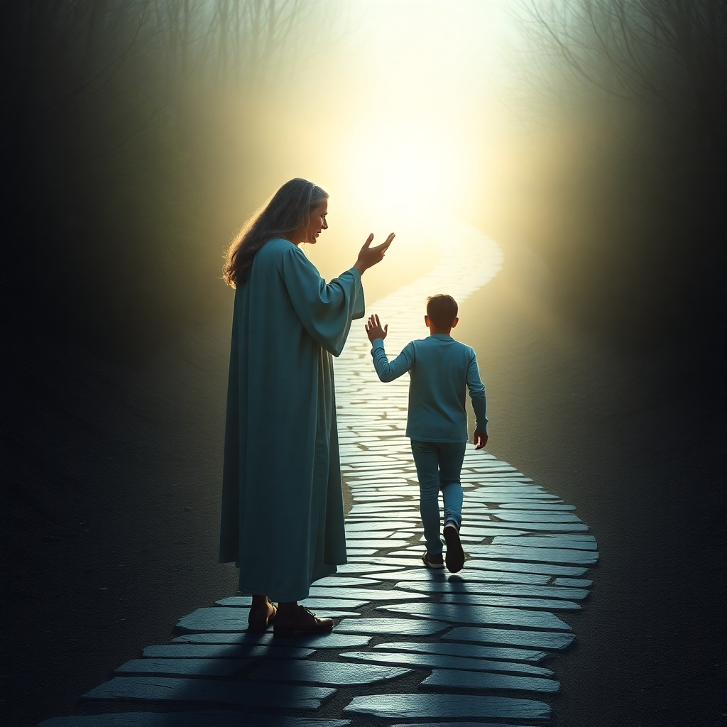 A wise and compassionate figure, bathed in soft light, offering a hand to a person who is walking towards them. The background is a winding path leading towards a radiant light source. The image should convey a sense of hope, guidance, and support. Photorealistic, with a focus on creating a sense of depth and perspective. 4K resolution.