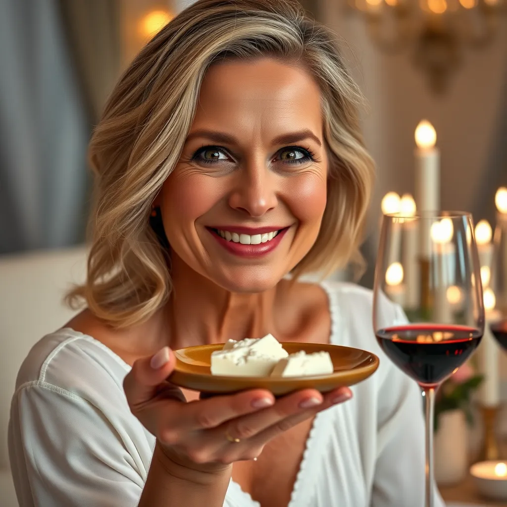 A woman in her 40s with radiant, youthful skin, smiling and holding a small plate of goat cheese with a glass of red wine in the background. The setting is a luxurious dining table with white linens and candles.