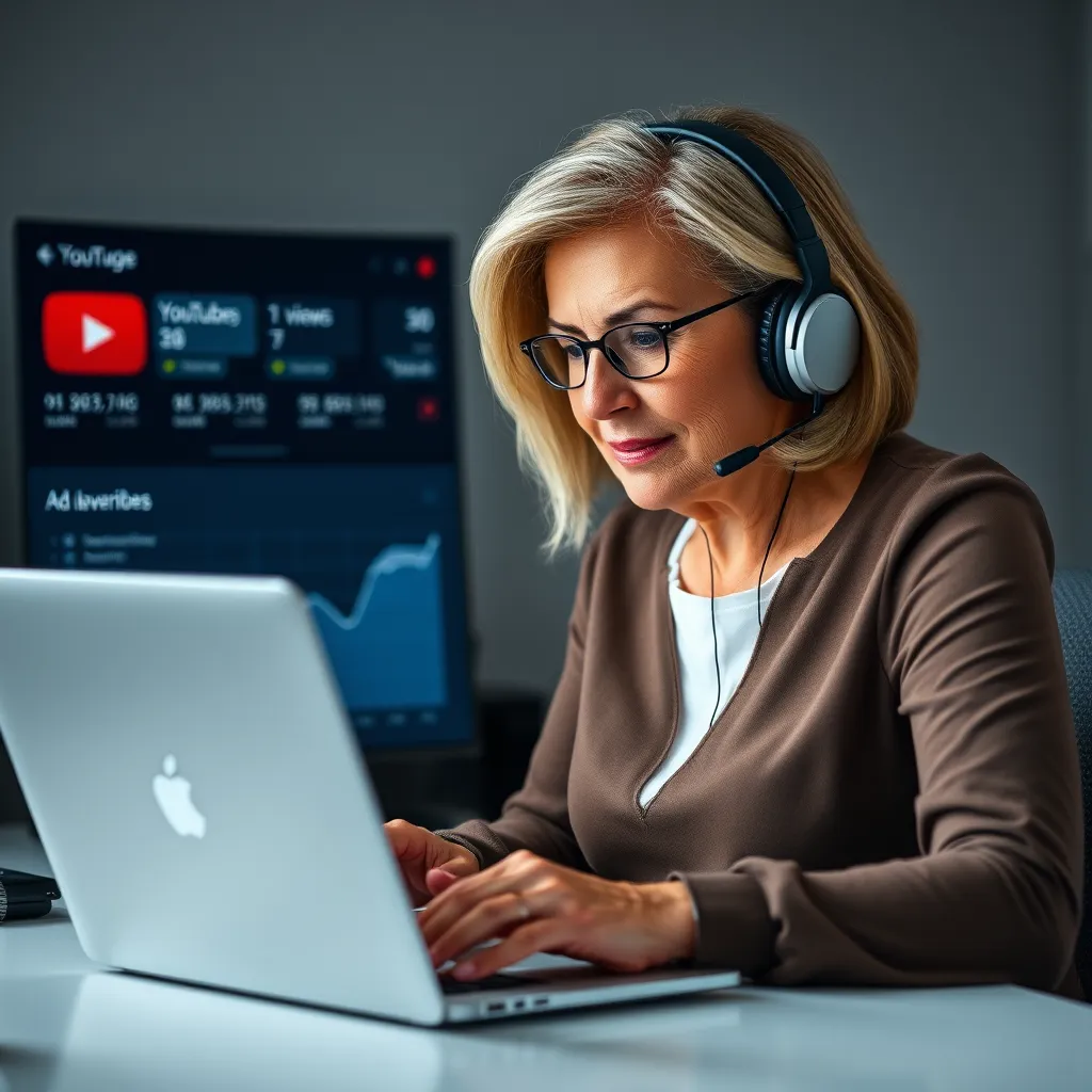A woman in her late 40s or early 50s, with a confident and focused expression, is sitting at a desk with a laptop, analyzing data on YouTube analytics. She has a graph showing her channel's growth over time, with a significant upward trend. The screen also displays key metrics like views, subscribers, and ad revenue. She is wearing headphones and looking intently at the screen, demonstrating her mastery of optimizing YouTube strategies.