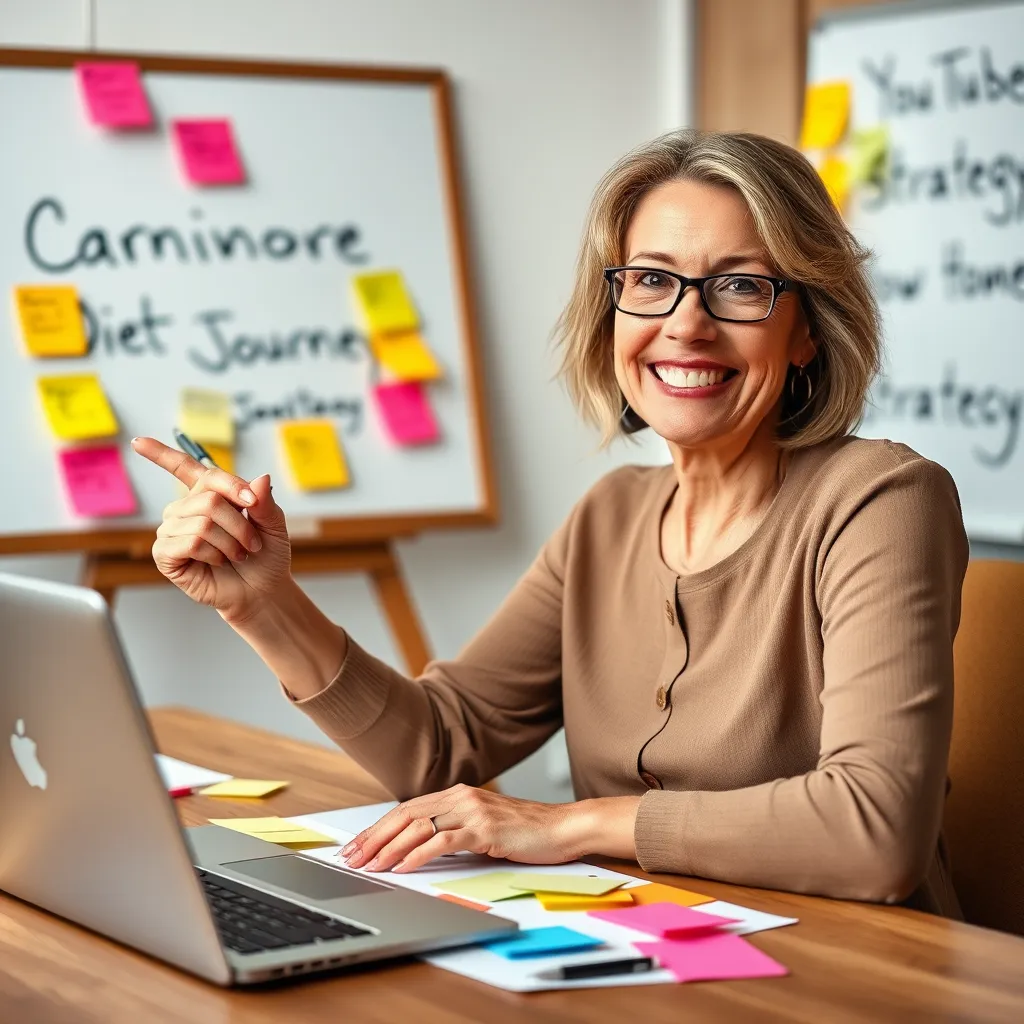 A woman in her late 40s or early 50s, with a bright and friendly smile, is sitting at a desk with a laptop, surrounded by colorful sticky notes and a whiteboard with the words 'Carnivore Diet Journey' and 'YouTube Strategy' written on it. She is looking enthusiastically at the camera, holding a pen in her hand and pointing to the sticky notes with a confident expression.