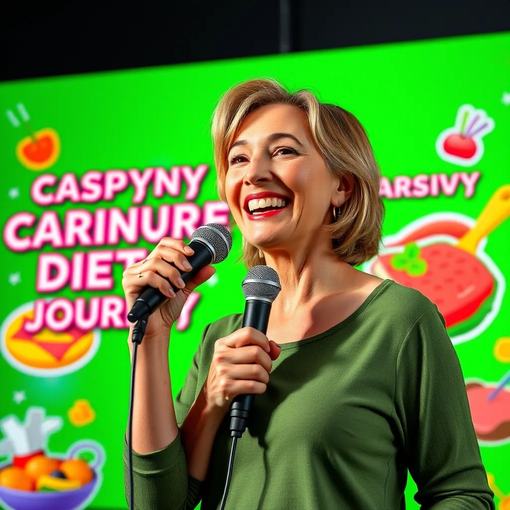 A woman in her late 40s or early 50s, with a lively and energetic expression, is standing in front of a vibrant green screen with a microphone in her hand, passionately sharing her story about her carnivore diet journey. She is surrounded by visual elements, such as colorful food graphics and animated text highlighting key points of her story. The background is bright and filled with dynamic elements that emphasize her enthusiasm and the captivating nature of her content.