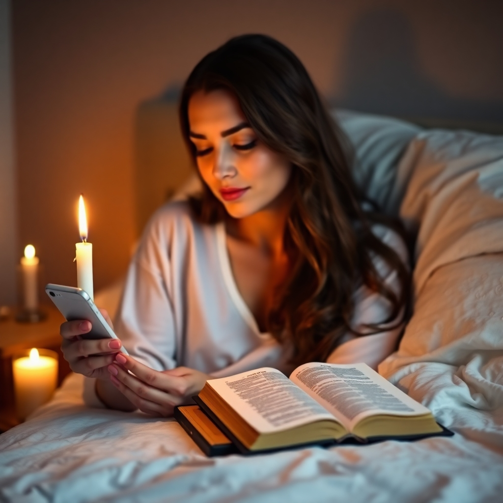 A woman is shown preparing for bed, lighting a candle while listening to solfeggio frequencies from her phone. A King James Bible rests on her bedside table. The room is dimly lit, creating a sense of peace and calm. Focus on her serene expression. Style: Photorealistic, warm lighting, 4K resolution.