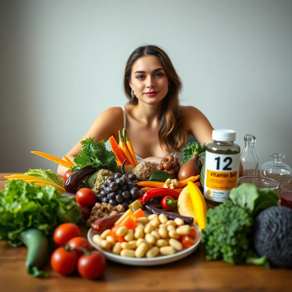 A woman sitting at a table with a plate of diverse, colorful plant-based foods and a bottle of vitamin B12 supplements. This image symbolizes the importance of a balanced and supplemented vegan diet.