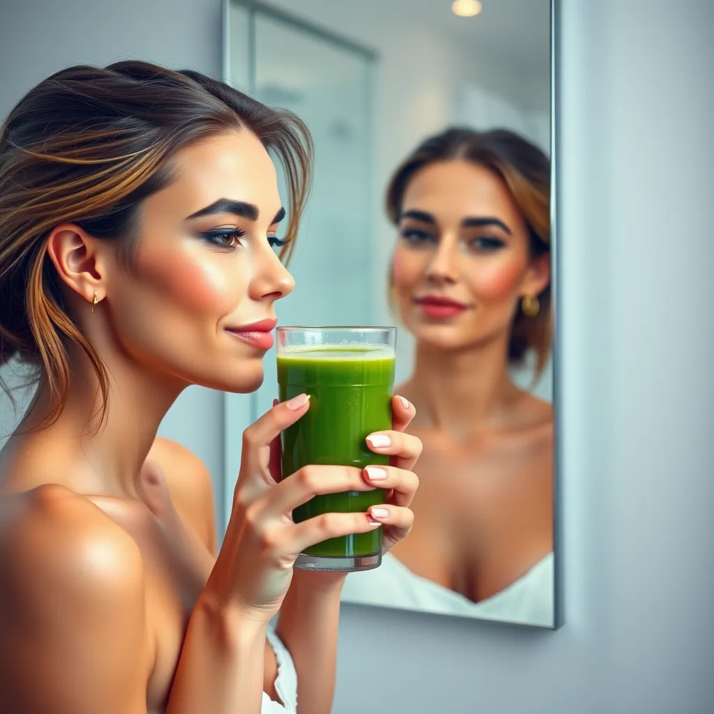 A woman with clear, glowing skin, holding a glass of green smoothie.  She is looking at her reflection in a mirror, admiring her healthy appearance. The background is a serene and minimalist bathroom setting, highlighting self-care and healthy lifestyle choices.