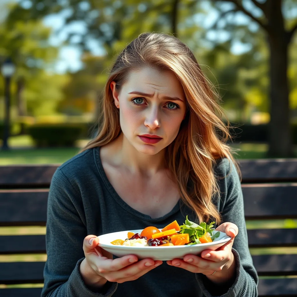 A woman with pale skin, sitting on a park bench, looking tired.  She is holding a plate of vegan food, but it lacks vibrant colors, symbolizing iron deficiency. The background is a sunny park, suggesting a healthy setting, highlighting the contrast.