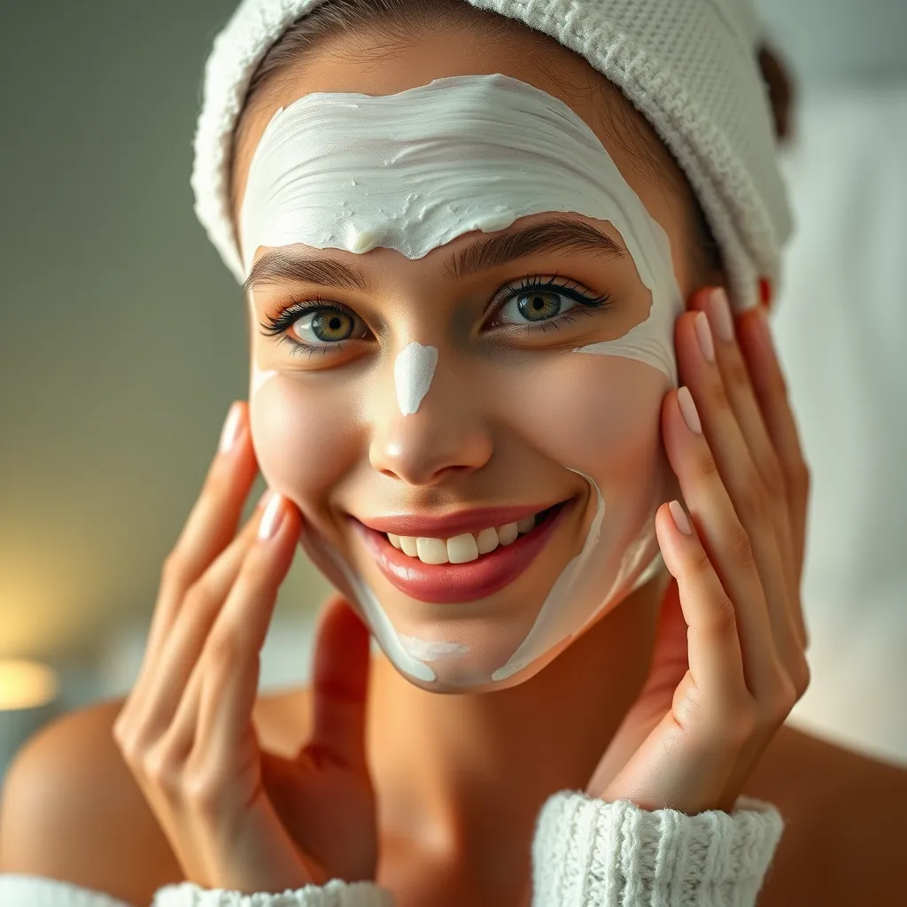 A woman with radiant, youthful skin applies a smooth, goat cheese-based face mask. The mask is a pale, creamy color, emphasizing its natural ingredients. The background is a spa-like setting with soft lighting, highlighting the relaxing and rejuvenating effects of the treatment.
