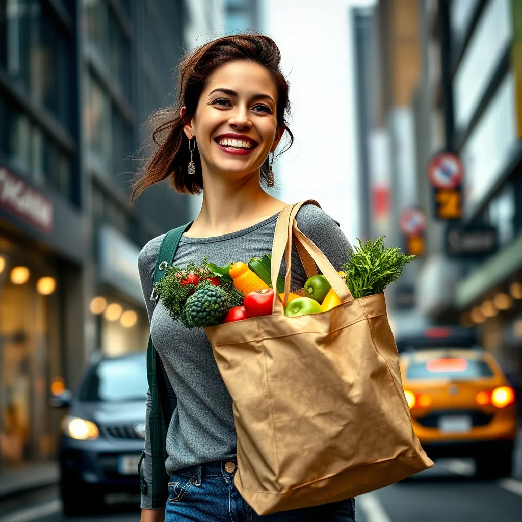 A woman with vibrant energy, walking through a bustling city street. She is smiling and confidently carrying a bag filled with fresh fruits and vegetables, symbolizing a healthy vegan diet. The background is a city scene, highlighting the active lifestyle.