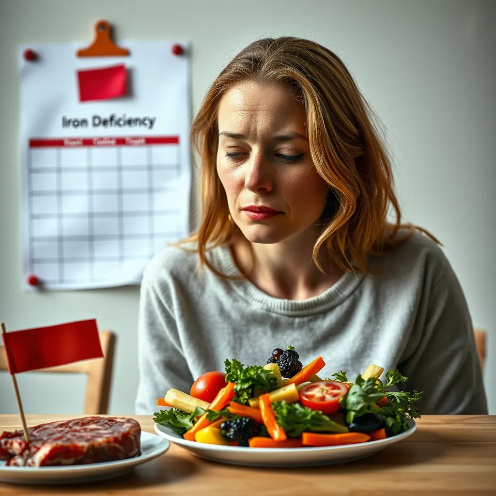 A woman with visibly pale skin and tired eyes sits at a table with a plate of colorful vegetables, emphasizing the challenge of obtaining sufficient iron from plant sources. A small plate of red meat is placed off to the side, symbolizing the readily absorbed iron from animal products, while a medical chart with a red flag marked 'Iron Deficiency' is visible in the background.