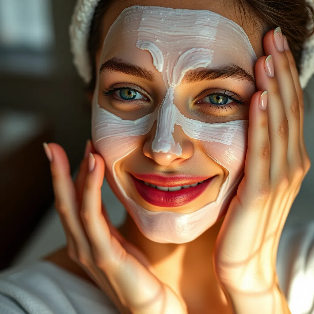 A woman with youthful, radiant skin applying a goat cheese-based face mask. The image should capture a serene and luxurious atmosphere, showcasing the potential of goat cheese for skin care.
