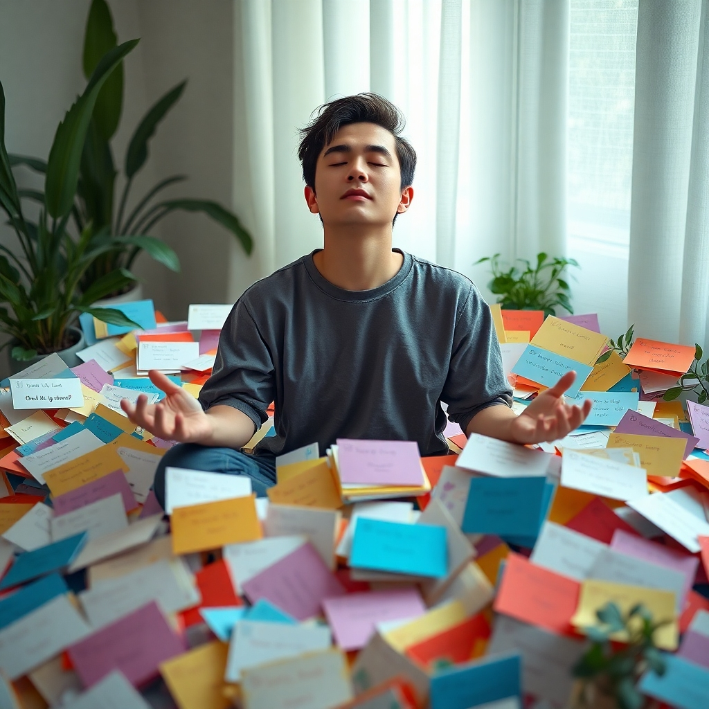 A YouTuber is meditating, eyes closed, peacefully sitting amidst a pile of diverse, colorful comment cards; some positive, some negative.  They are surrounded by calming nature elements, like plants and soft light. Photorealistic style, tranquil atmosphere, emphasizing calmness amidst chaos.
