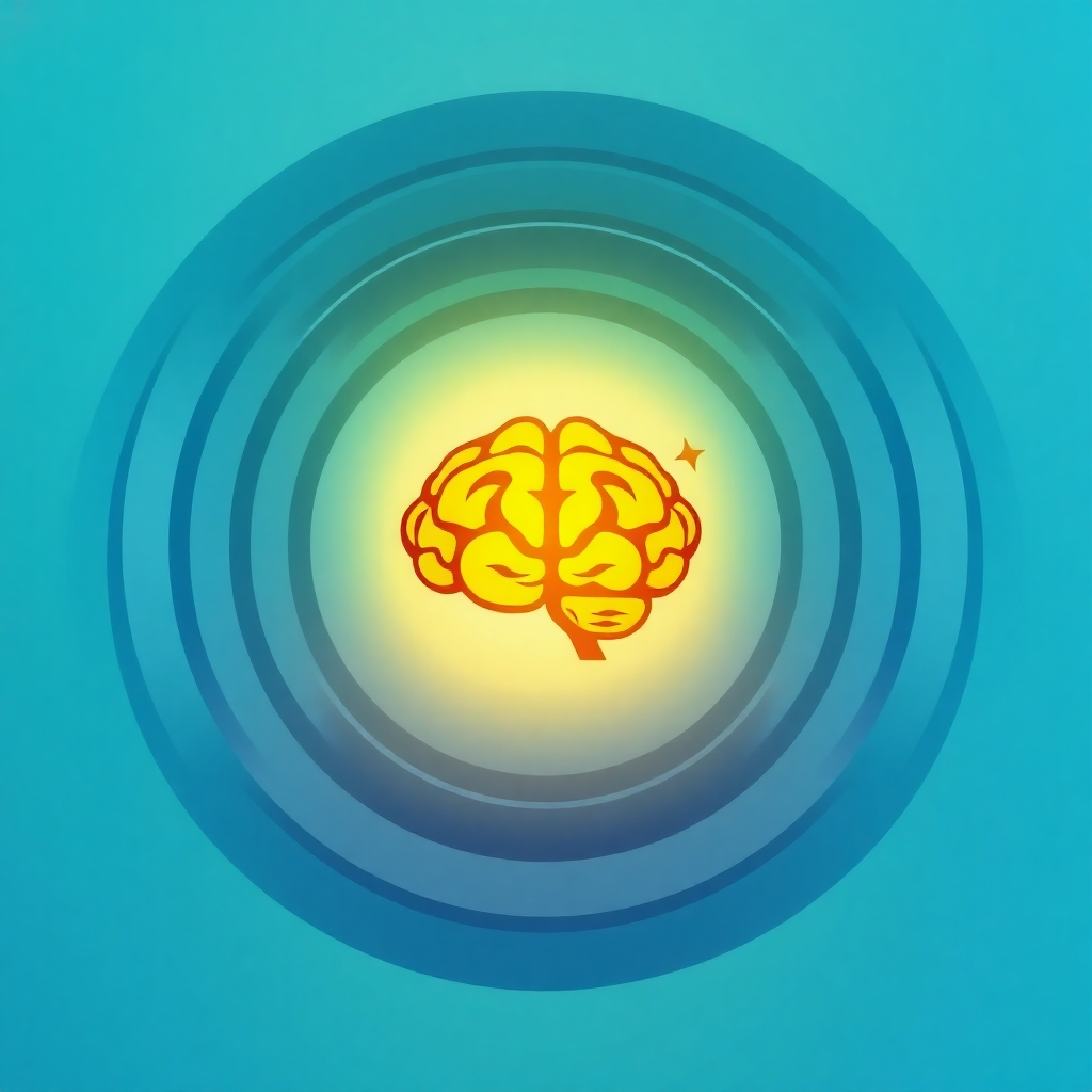 Abstract depiction of sound waves vibrating around a focused mind. Use calming colors like blues and greens. In the center, a stylized brain emits a golden glow, symbolizing enhanced focus. Style: Abstract art with a scientific theme.