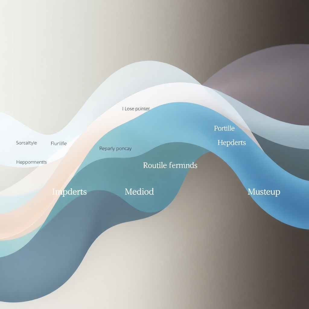 Abstract representation of sound waves interwoven with text affirmations. The colors are calming and harmonious. Style: Abstract, artistic, and harmonious.