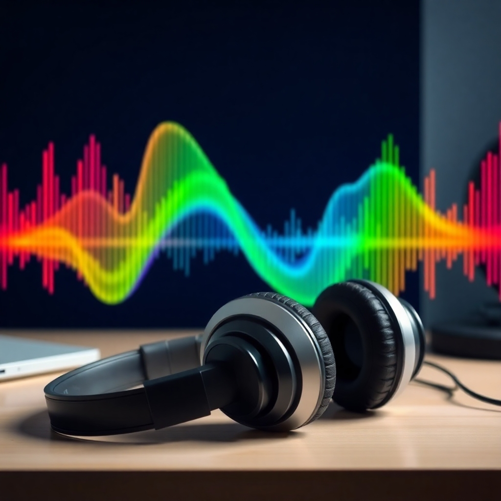 Abstract sound waves visualized in a variety of vibrant colors, pulsating and moving in a rhythmic pattern. Headphones rest on a desk. The image represents different frequencies designed to enhance focus and creativity. The style is modern and visually stimulating.