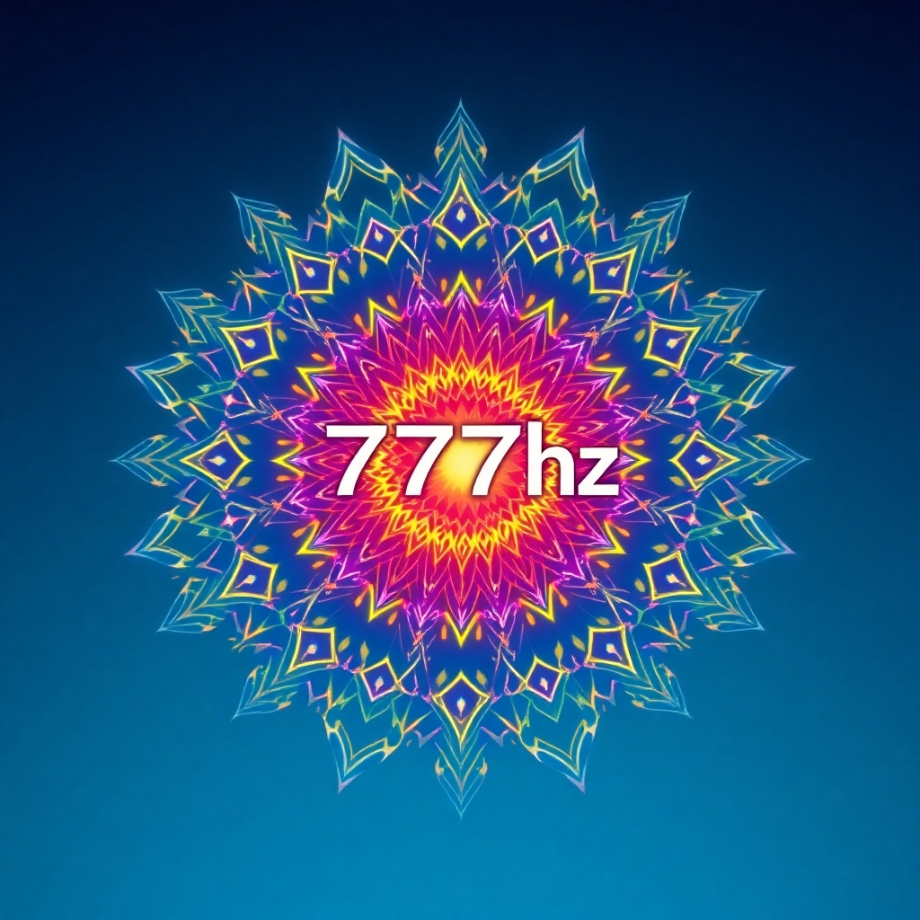 Abstract visual representation of the 777Hz frequency. The image should consist of intricate geometric patterns and vibrant colors, pulsating with energy. The overall effect is mesmerizing and uplifting, conveying a sense of harmony and balance. The background is a deep, calming blue, providing a sense of depth and dimension. The image should evoke feelings of inner peace and well-being. 4K resolution, high quality.