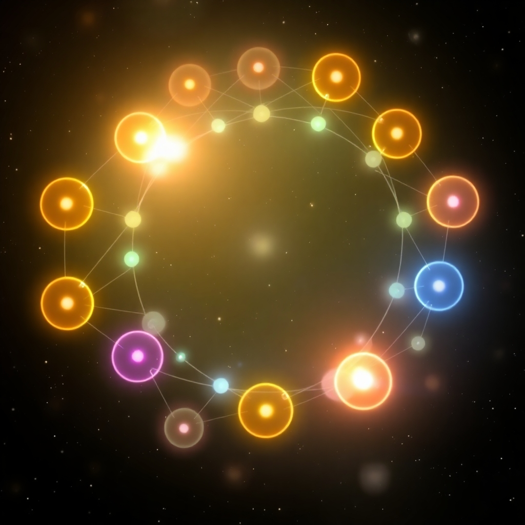 Abstract visualization of solfeggio frequencies as a series of interconnected, glowing orbs in a dark, cosmic space. Each orb pulsates with a different color, representing a specific frequency. The overall effect should be calming and mesmerizing, evoking feelings of peace and harmony. Style: Digital art, abstract, 4K resolution.