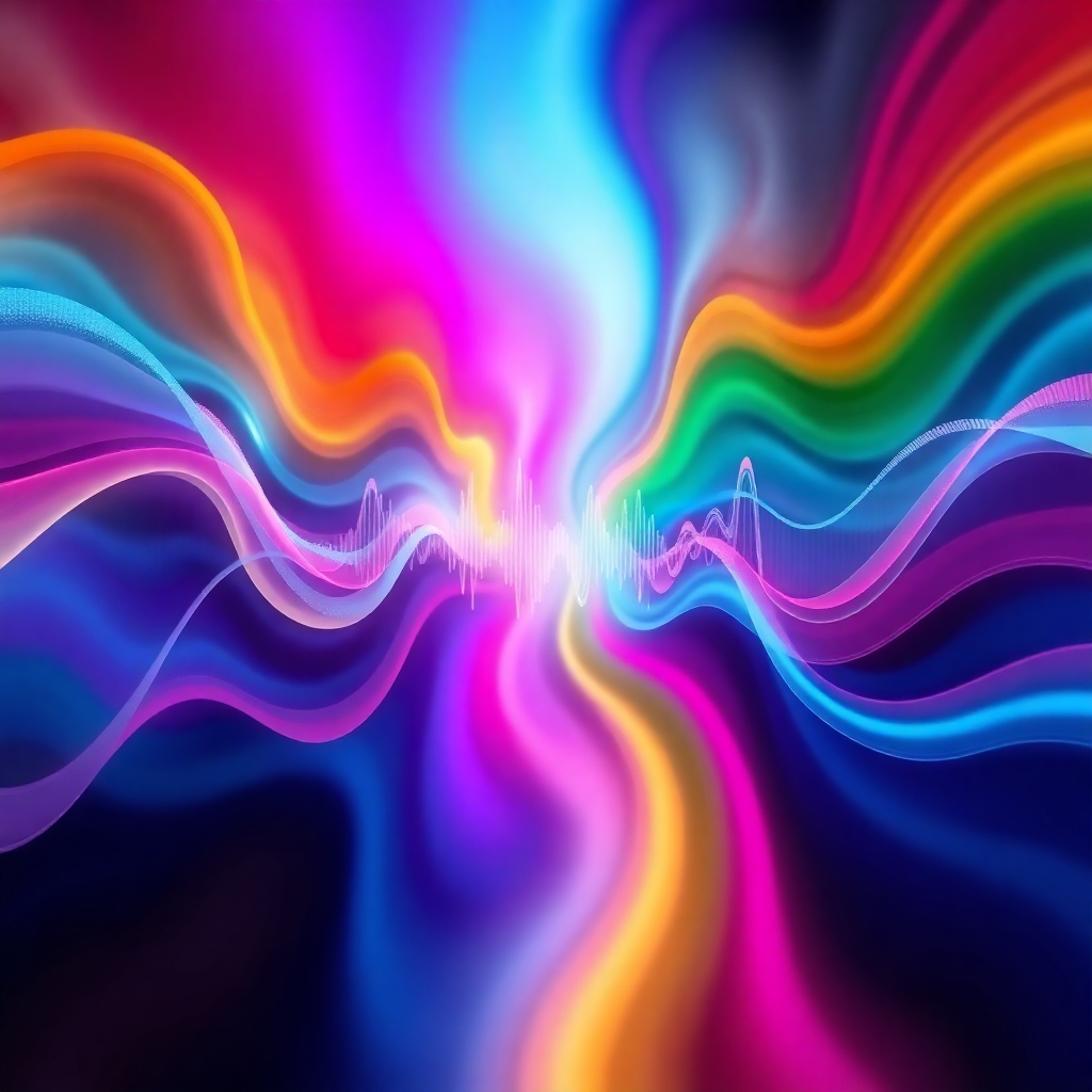 Abstract visualization of sound frequencies flowing and merging together. The colors are vibrant and dynamic, representing the power of sound.