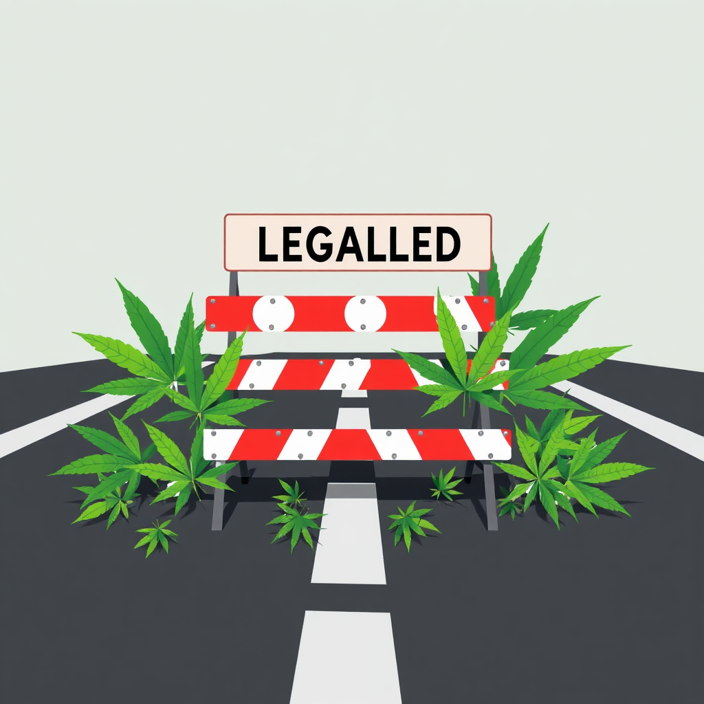An abstract image depicting a roadblock with cannabis leaves growing around it. The roadblock is stylized and symbolic. The leaves are vibrant green, pushing through the cracks. The style is slightly surreal, suggesting the tension between legalization and restriction. The overall tone is hopeful yet uncertain.