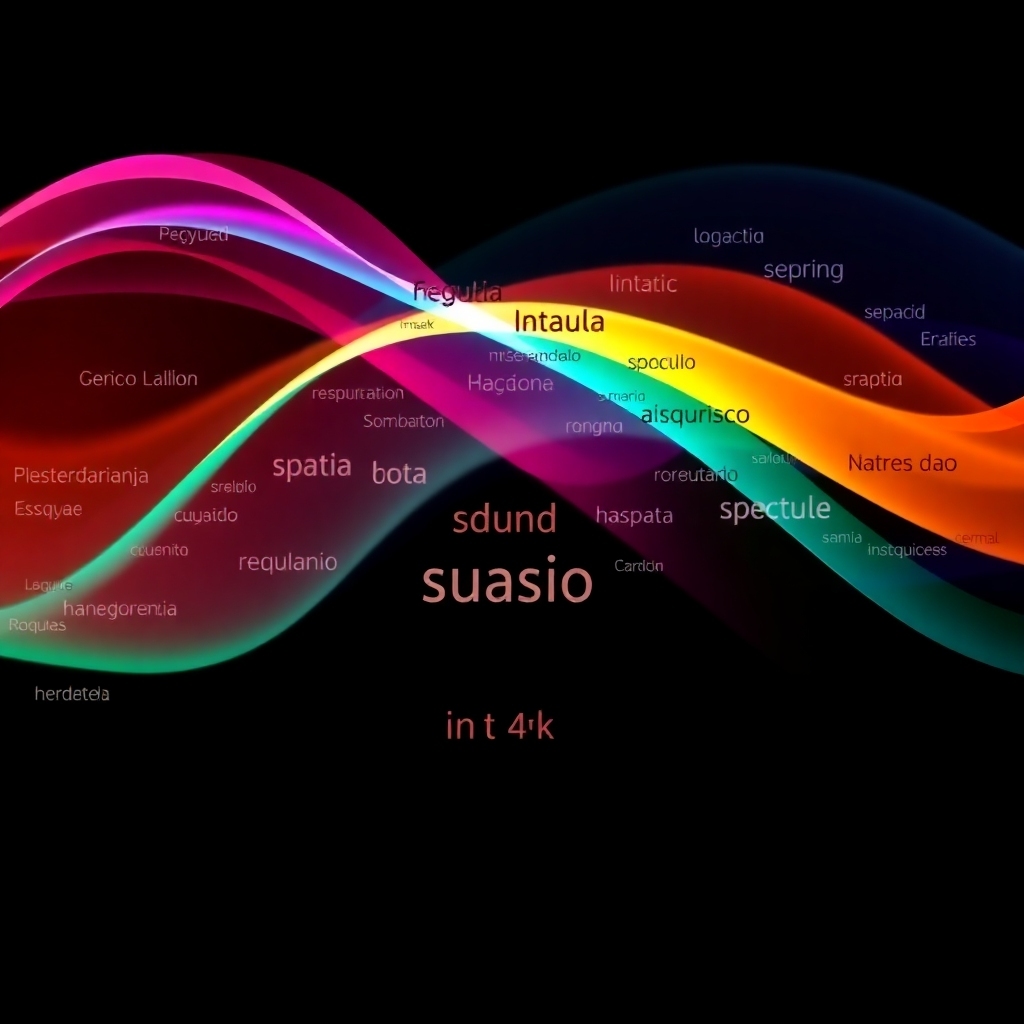 An abstract image in 4K, using colors to represent sound waves, interwoven with Spanish and English words that flow and intertwine. The color palette should be calming and harmonious, evoking feelings of peace and focus.