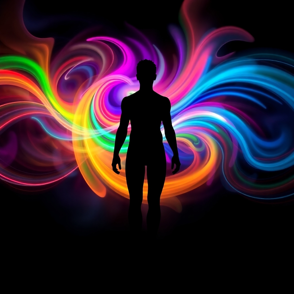An abstract image of swirling, colorful sound waves merging with a human silhouette. The colors should be vibrant and harmonious, representing the integration of sound and body. The silhouette should appear peaceful and serene. Neon colors, digital art style.