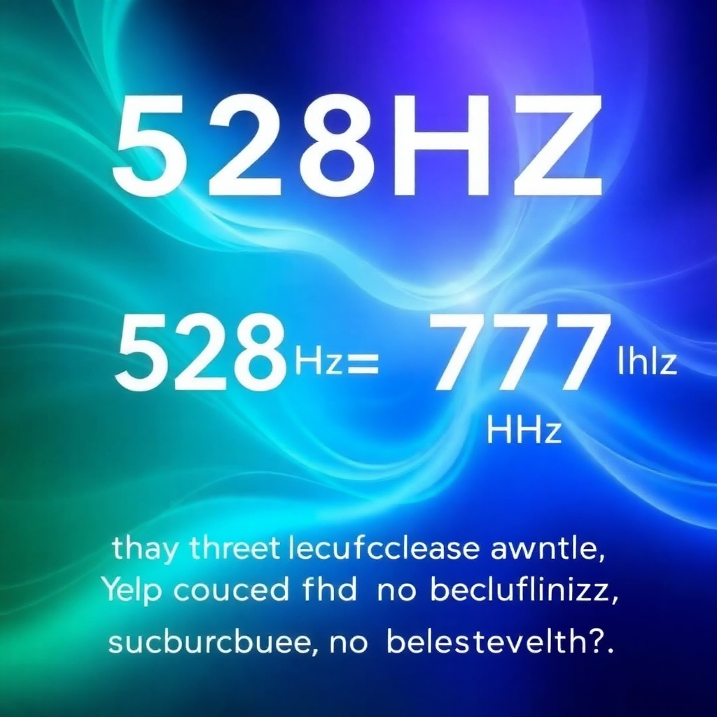 An abstract image representing the 528Hz and 777Hz frequencies. Visualize them as vibrant, flowing waves of light and sound that promote focus and clarity. The color palette is calming and restorative with blues, greens, and purples.