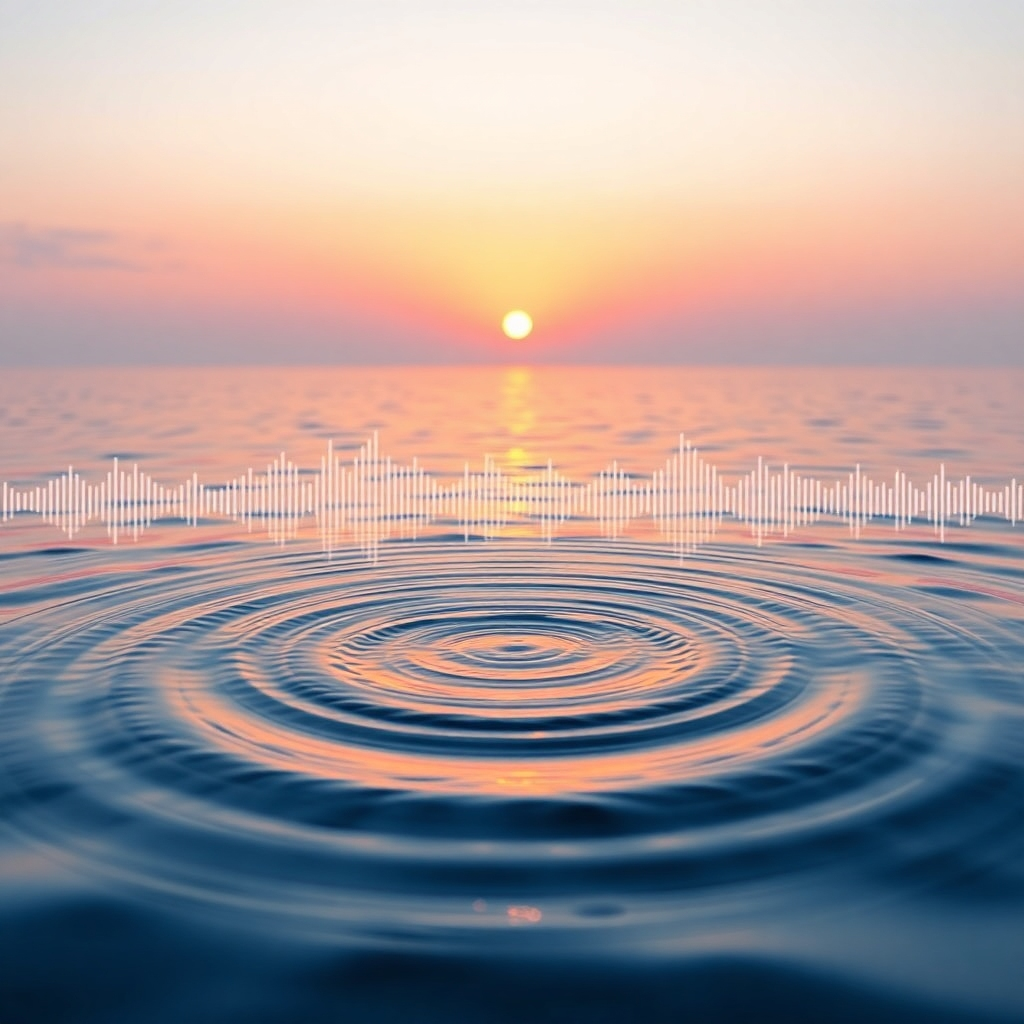An abstract image representing sound frequencies rippling through a calming body of water. The water is reflecting a peaceful sunset. Style: Abstract and calming. Camera angle: Wide shot capturing the entire scene.