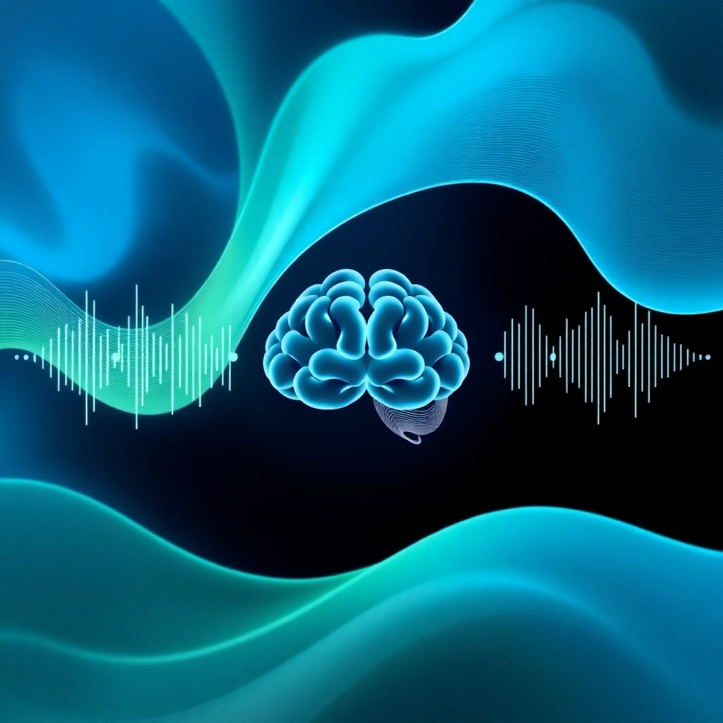 An abstract image visualizing sound frequencies creating a calming and focused mental state. Use cool colors (blues and greens) and flowing lines to represent the frequencies. In the center, depict a stylized brain with clear, focused pathways.
