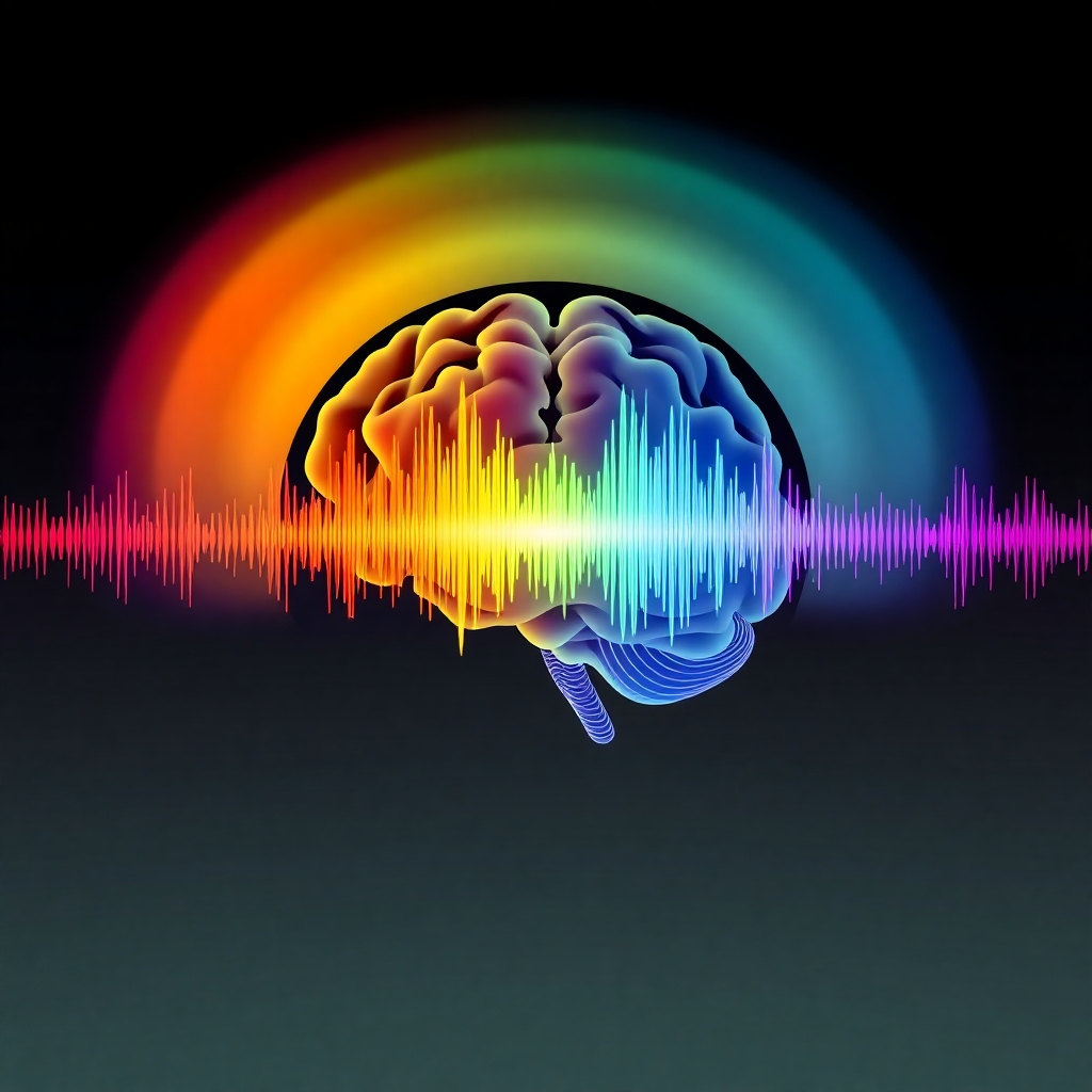 An abstract image visualizing sound frequencies in the form of colorful, pulsating waves. The waves interact with a silhouette of a human brain, representing the harmonization of brainwaves. Use a calming color palette with gentle gradients.