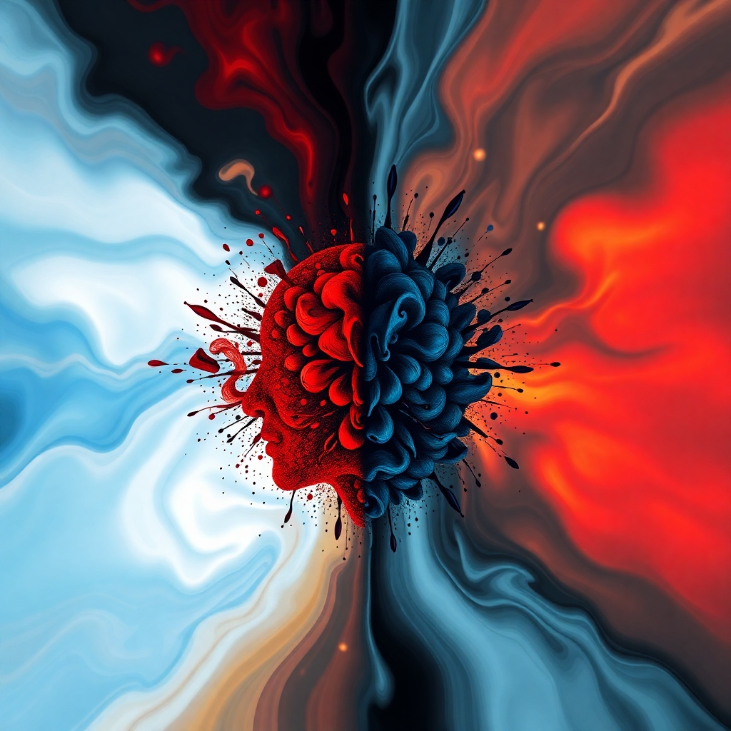An abstract image visualizing the transformation of negative thought patterns into positive ones. Use contrasting colors to highlight the change.