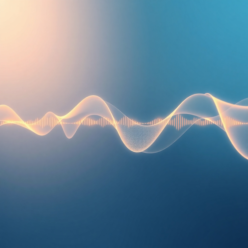 An abstract representation of sound waves and Bible verses merging together. The sound waves should be visualized as flowing, interconnected lines of light, and the verses should appear as subtle, glowing text. The overall image should evoke a sense of harmony and balance. Style: Minimalist, using a limited color palette of blues and golds. 4K resolution.