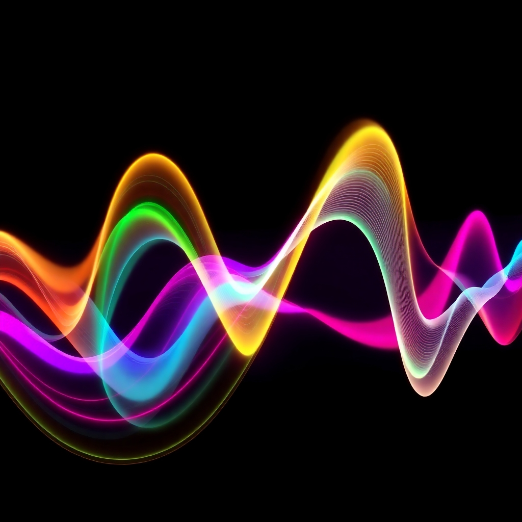 An abstract representation of sound waves pulsating with energy. The waves are brightly colored and dynamically shaped. The background is dark and muted to highlight the energy. Style: Abstract and vibrant. Technical specs: High-resolution, digital art.